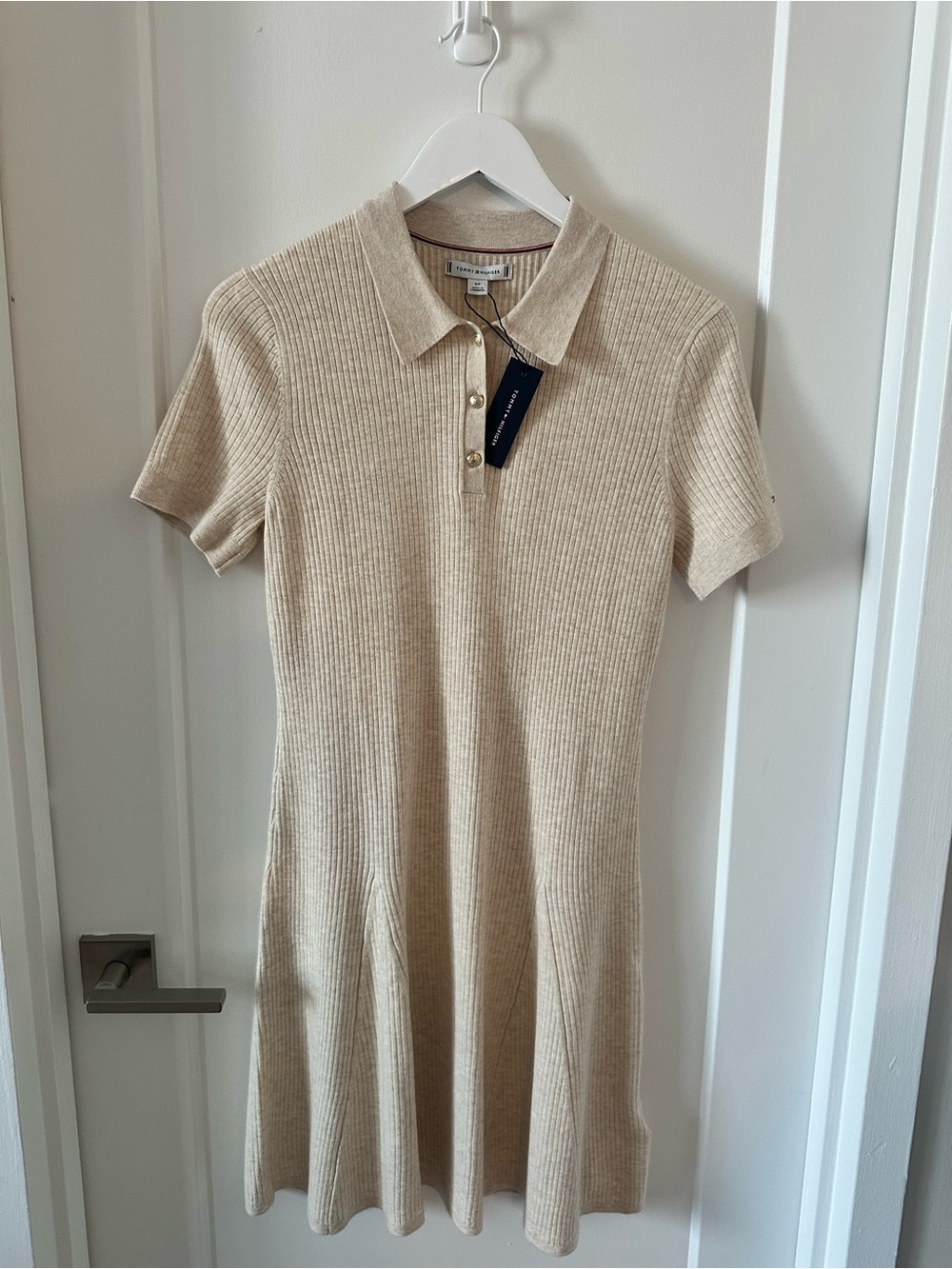 Tommy Hilfiger Beige Ribbed Polo Knit Mini Dress